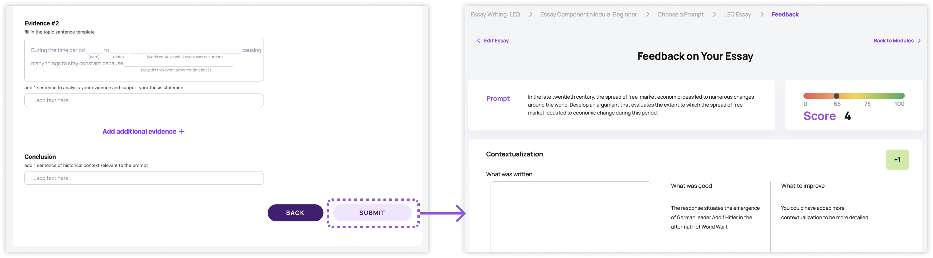 Mockup showing the essay submit button leadings directly to the feedback page