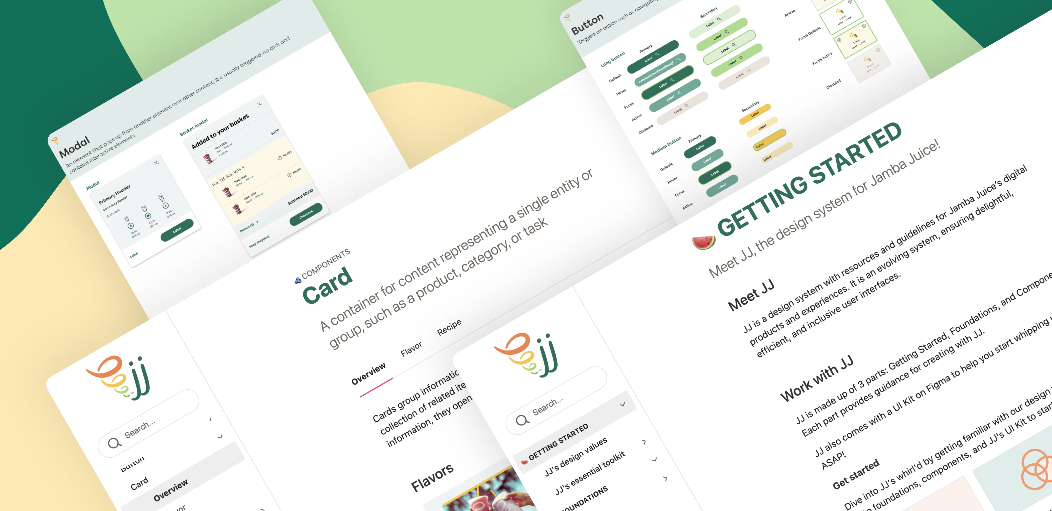 Pages from JJ design system documentation and UI kit