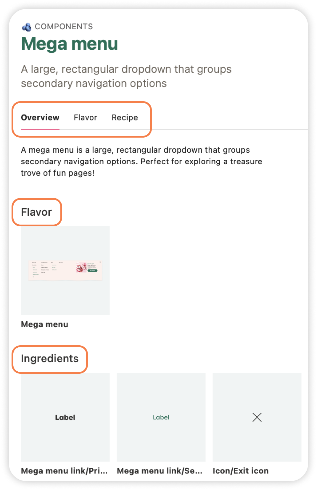 Documentation for the mega menu component showing ingredients, flavors, and recipes for the component