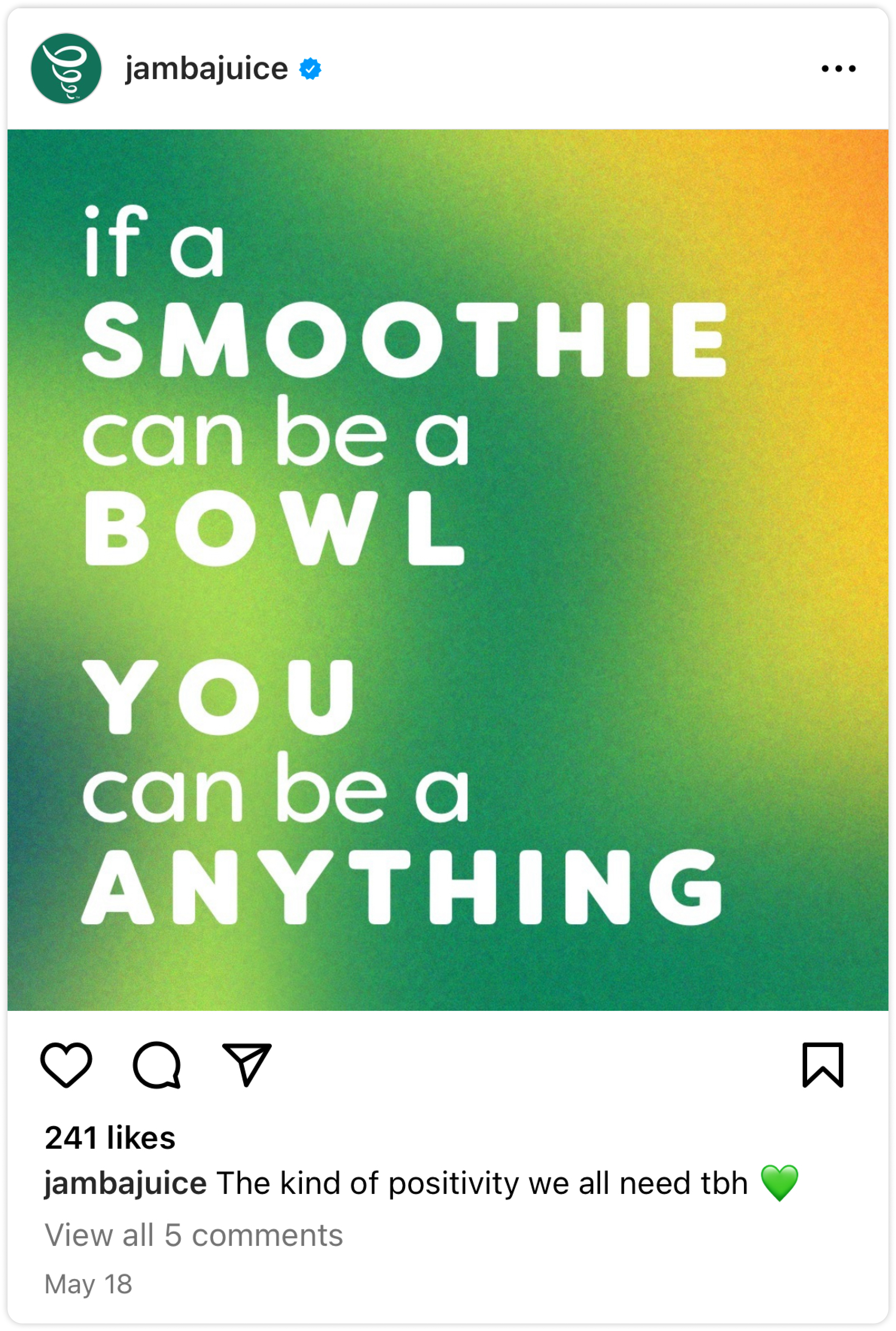 Instagram post by @jambajuice: 'if a smoothie can be a bowl, you can be anything'