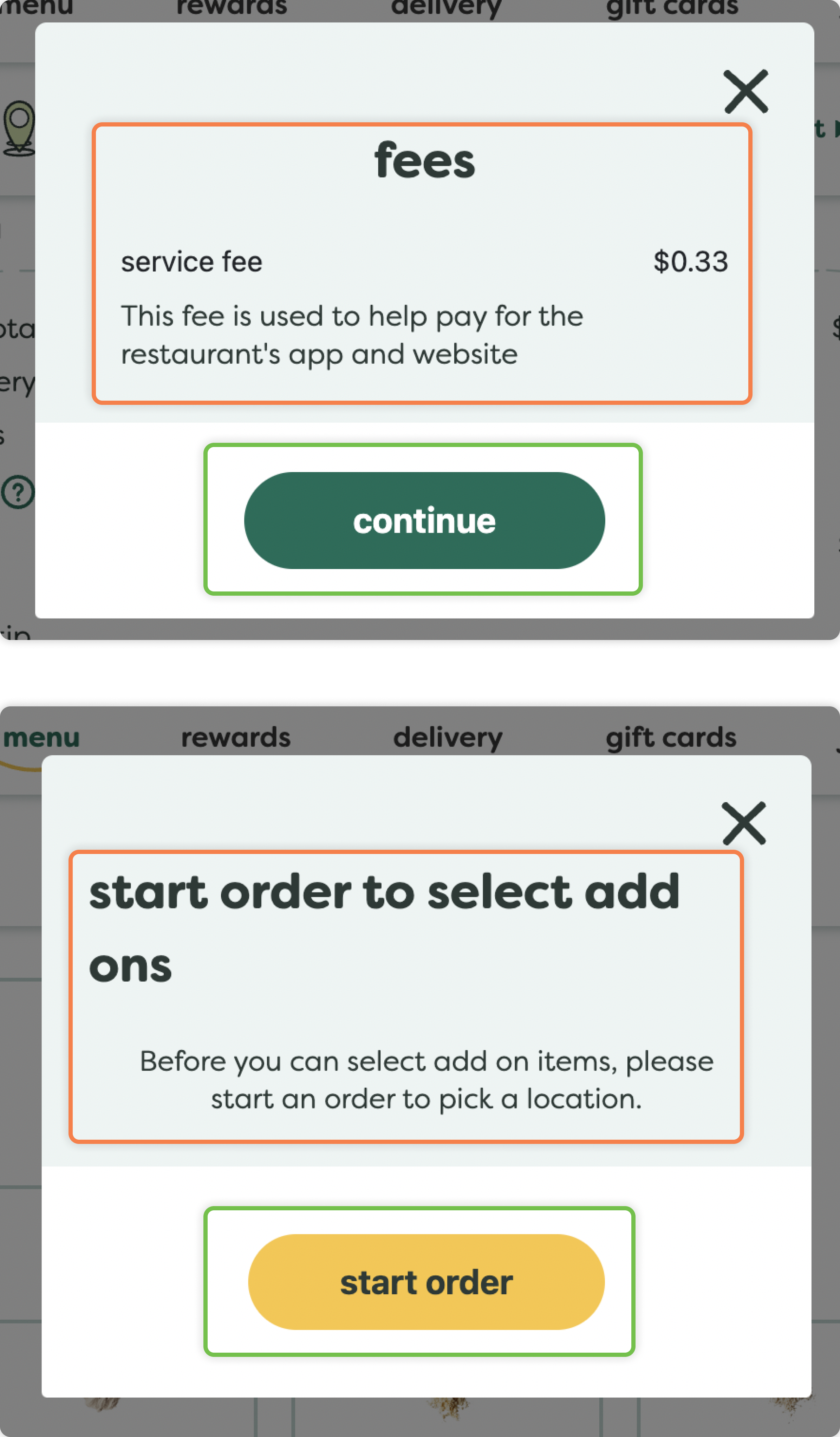 A collection of modals from the Jamba website showing their inconsistencies in text alignment and button color