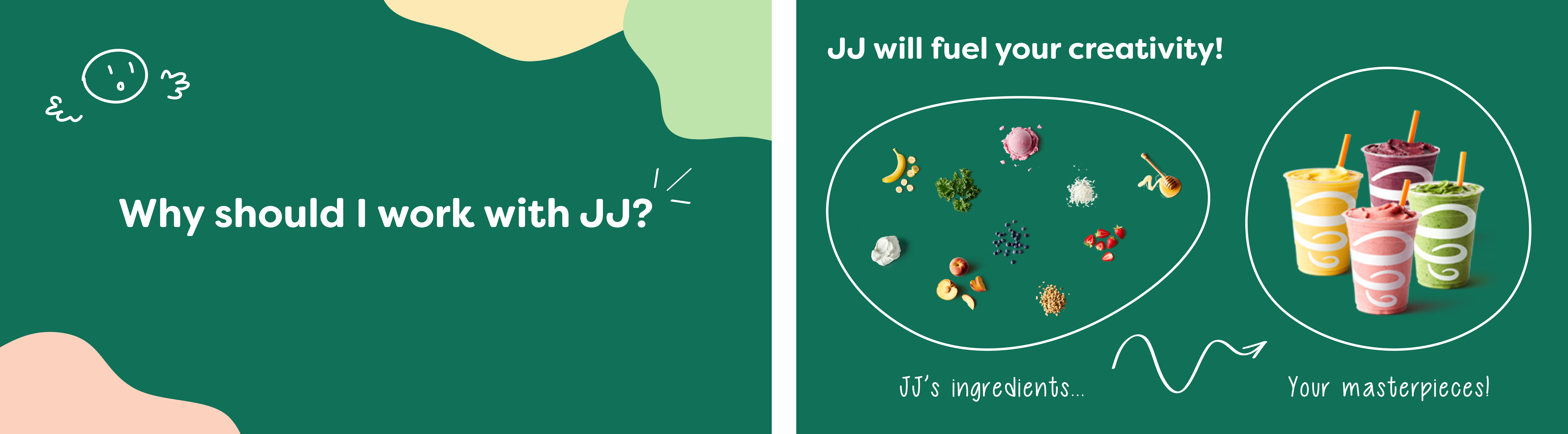 A slide from the pitch deck: showing how JJ's ingredients fuel creative masterpieces depicted as smoothies